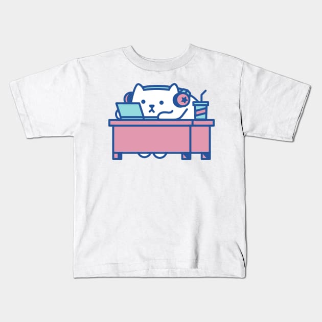 Desk Cat Kids T-Shirt by meowproject